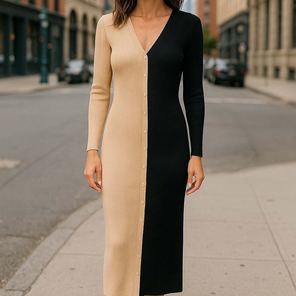 STAUD Two-Tone Black and Beige Ribbed Button-Front Long Sleeve Dress